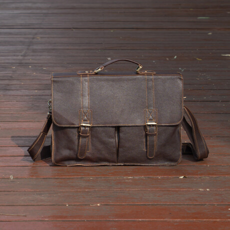 Worn Look Genuine Leather Briefcase // Taupe Brown