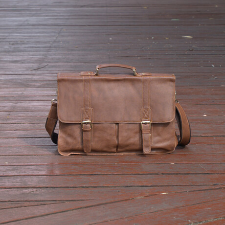 Worn Look Genuine Leather Briefcase // Chestnut