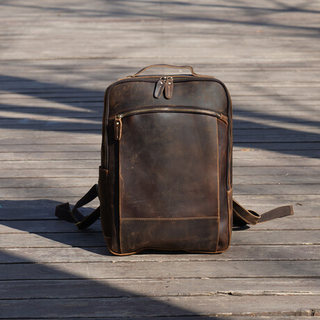 Minimalist Zip Open Leather Backpack // Dark Brown