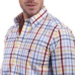 Plaid Pattern Button Up // Burgundy + Light Red + Blue + White + Yellow + White (S)