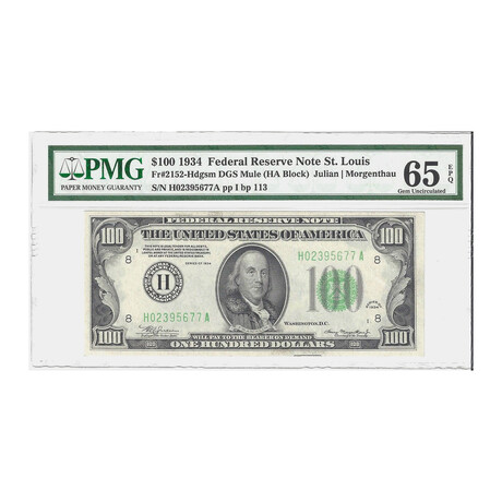1934 $ 100 Federal Reserve MULE St Louis only 2 in this grade  PMG 65EPQ # 677