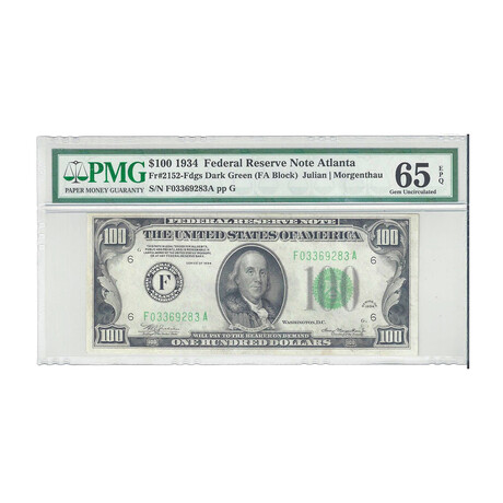 1934 $ 100 Federal Reserve Atlanta only 8 in this grade  PMG 65EPQ # 283