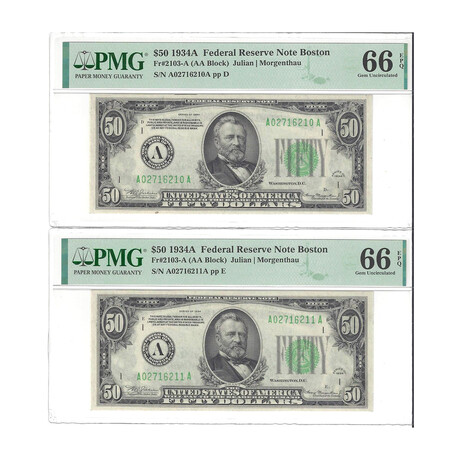 1934 A 4 50 Federal Reserve Boston 2 consecutive PMG 66  # 210 and # 211