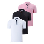 Set of 3 Short Sleeve Henley // Pink + Black + White (S)