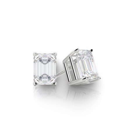 14K White Gold Emerald Cut Earth-Mined Diamond Stud Earrings // New