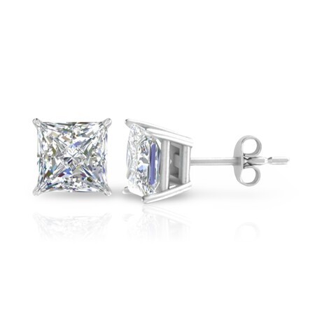 14K White Gold Princess Cut Earth-Mined Diamond Stud Earrings // New