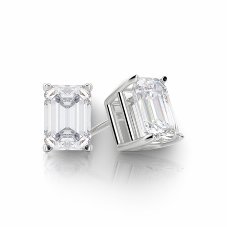 14K White Gold Emerald Cut Earth-Mined Diamond Stud Earrings II // New