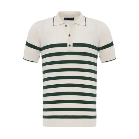 Tricot Striped Polo Shirt // Ecru + Green (XS)