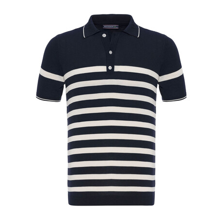 Tricot Striped Polo Shirt // Navy Blue + Ecru (XS)