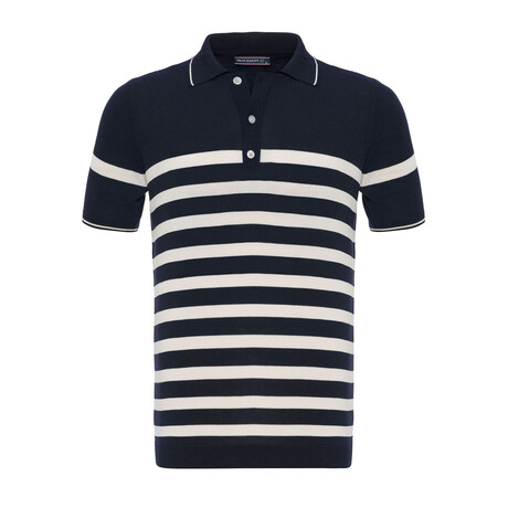 Tricot Striped Polo Shirt // Navy Blue + Ecru (S)