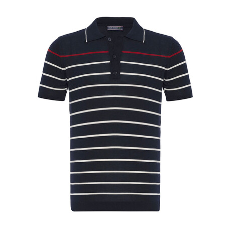 Tricot Striped Polo Shirt // Ecru + Red + Navy Blue (XS)