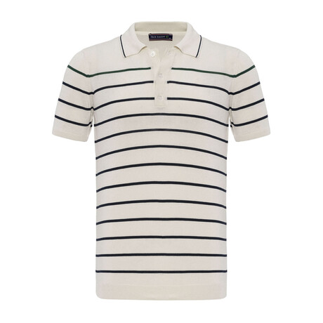 Tricot Striped Polo Shirt // Ecru + Green + Black (XS)