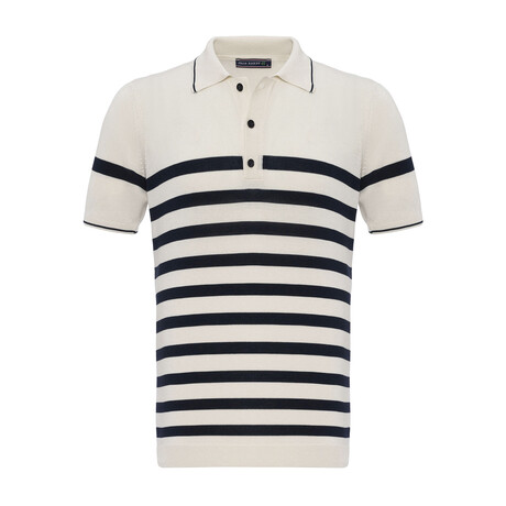 Tricot Striped Polo Shirt // Ecru + Navy Blue (XS)