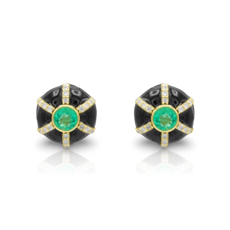 Fine Jewelry // 18K Yellow Gold Enamel + Emerald + Diamond Earrings // New