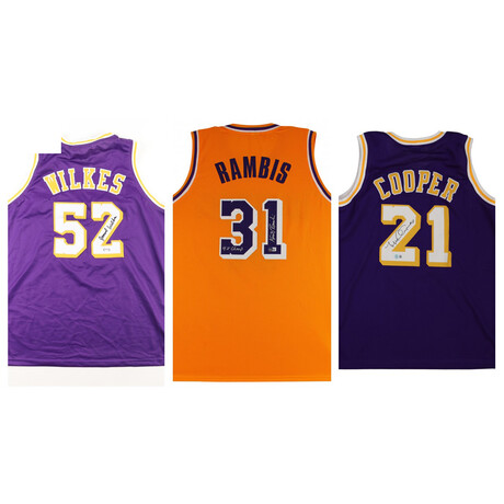 Michael Cooper Jersey, Jamaal Wilkes Jersey + Kurt Rambis Signed Jersey Inscribed "4x Champ" // Signed