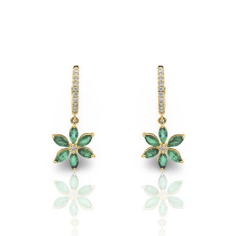 Fine Jewelry // 14K Yellow Gold Emerald + Diamond Flower Earrings I // New