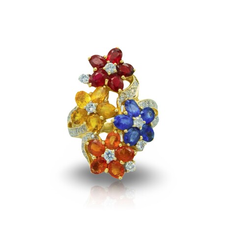 Fine Jewelry // 18K Yellow Gold Multicolor Sapphire + Diamond Ring // Ring Size: 5.75 // Pre-Owned