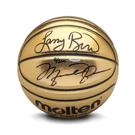 Upper Deck // Michael Jordan + Larry Bird Autographed Molten Gold Trophy Basketball