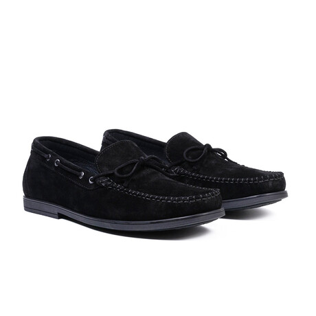 Genuine Suede Leather Slip-On Loafer Shoes with Lace for Men // Black (Euro: 40)