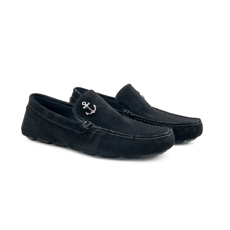 Genuine Suede Leather Slip-On Loafer Shoes with Anchor Buckle for Men // Black (Euro: 40)