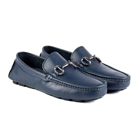 Genuine Leather Slip-On Loafer Shoes with Buckle for Men // Navy Blue (Euro: 40)