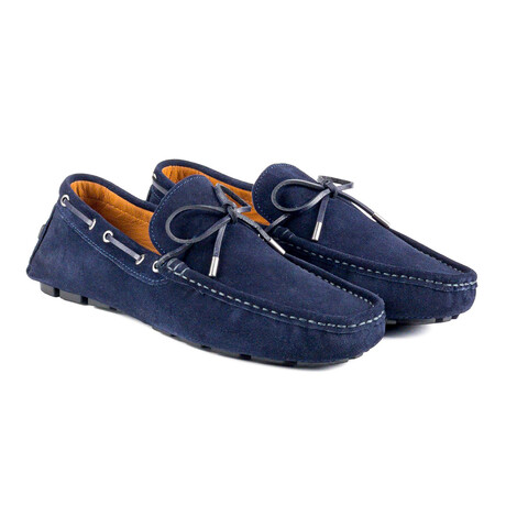 Genuine Suede Lace-up Leather Slip-On Loafer Shoes with Lace for Men // Navy Blue (Euro: 40)