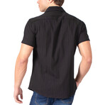 Button Up Short Sleeve Soft Lines Pattern // Black (XL)
