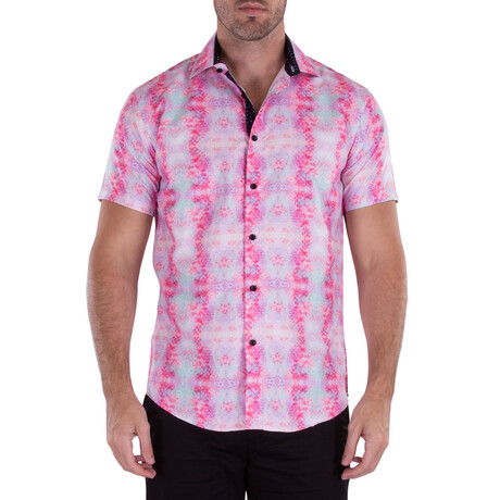 Button Up Short Sleeve Dress Shirt w/ Abstract Print // Pink (S)