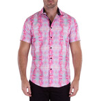 Button Up Short Sleeve Dress Shirt w/ Abstract Print // Pink (3XL)