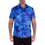Button Up Short Sleeve Dress Shirt w/ Bubbles Print // Blue (S)