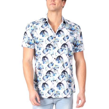 Tropical Feather Button Up Short Sleeve Dress Shirt // White (S)