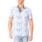 Button Up Short Sleeve Dress Shirt w/ Circular Print // White (M)