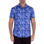 Button Up Short Sleeve Dress Shirt w/ Abstract Print // Blue (XL)