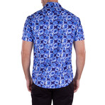 Button Up Short Sleeve Dress Shirt w/ Abstract Print // Blue (S)