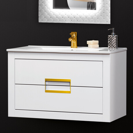 Vito 32 Inch Modern Bathroom Vanity // Flat Top // White and Gold