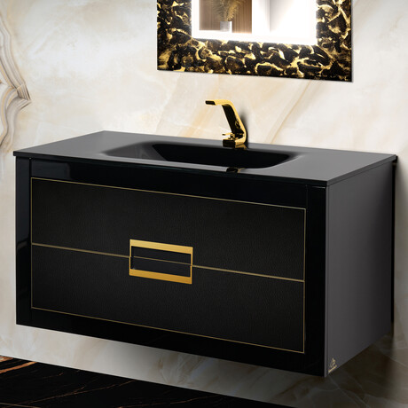 Vito 40 Inch Modern Bathroom Vanity // Flat Top // Black with Gold Handle
