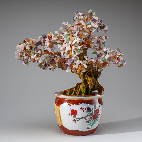 Genuine Multiple-Quartz Bonsai Tree in Round Ceramic Pot 11”