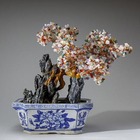 Genuine Multiple-Quartz Bonsai Tree in Square Ceramic Pot 13”