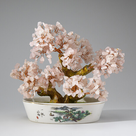 Genuine Rose Quartz Bonsai Tree in Oval Ceramic Pot 7”