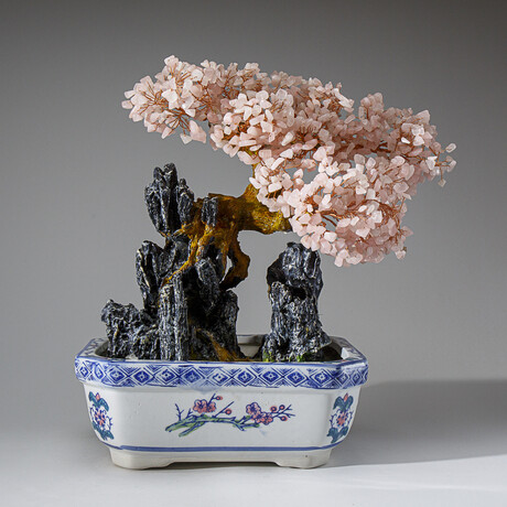 Genuine Rose Quartz Bonsai Tree in Square Ceramic Pot 13”