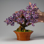 Genuine Amethyst with Rose Quartz Beads Bonsai Gemstone Tree in Round Basket Ceramic Pot 9”