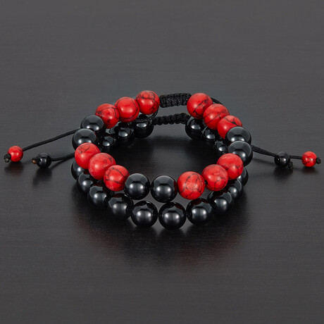 Dyed Red Turquoise + Onyx Stones Bead Adjustable Bracelets // Set of 2 // 8"