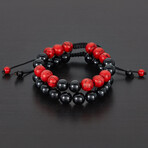 Dyed Red Turquoise + Onyx Stones Bead Adjustable Bracelets // Set of 2 // 8"