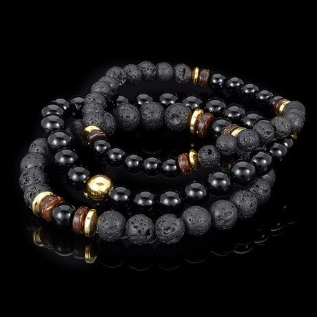 Onyx + Gold Plated Hematite + Lava + Wood Bead Stretch Bracelets // Set of 3 // 8"