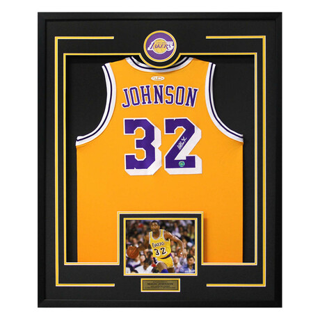 Magic Johnson Los Angeles Autographed 30x34 Framed Jersey Display