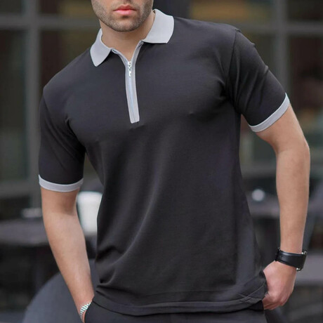 Zip Up Tipped Polo // Black (S)