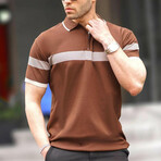 Zip Up Tipped Striped Detail Polo // Brown (S)