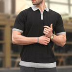 Zip Up Tipped Textured Stripes Polo // Black (2XL)