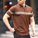 Zip Up Tipped Striped Detail Polo // Brown (L)