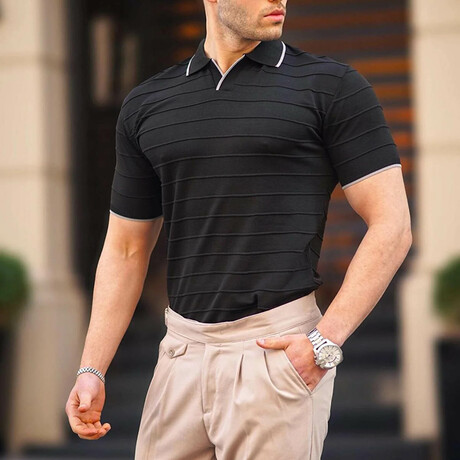Tipped Striped Textured Polo // Black (S)